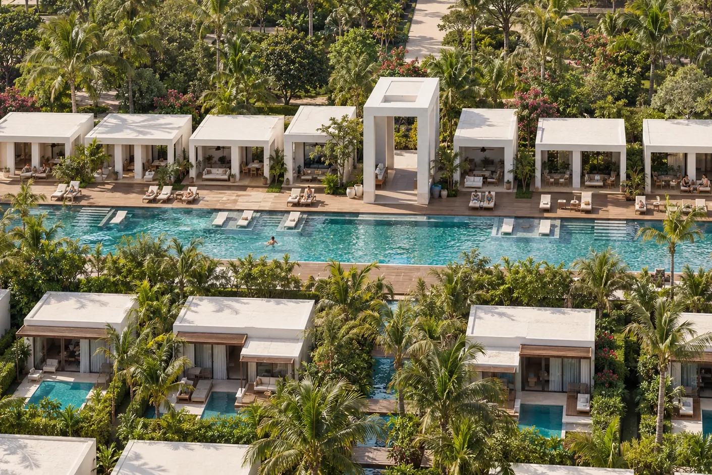 Computer-generated image of the hotel pavilions around the long pool, from above