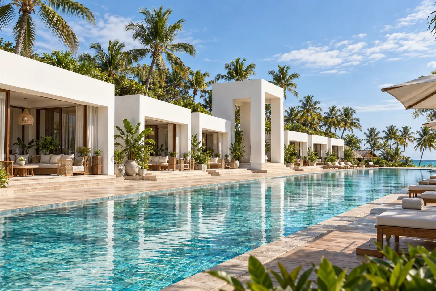 Computer-generated image of the long pool with sun loungers in front of the hotel pavilions
