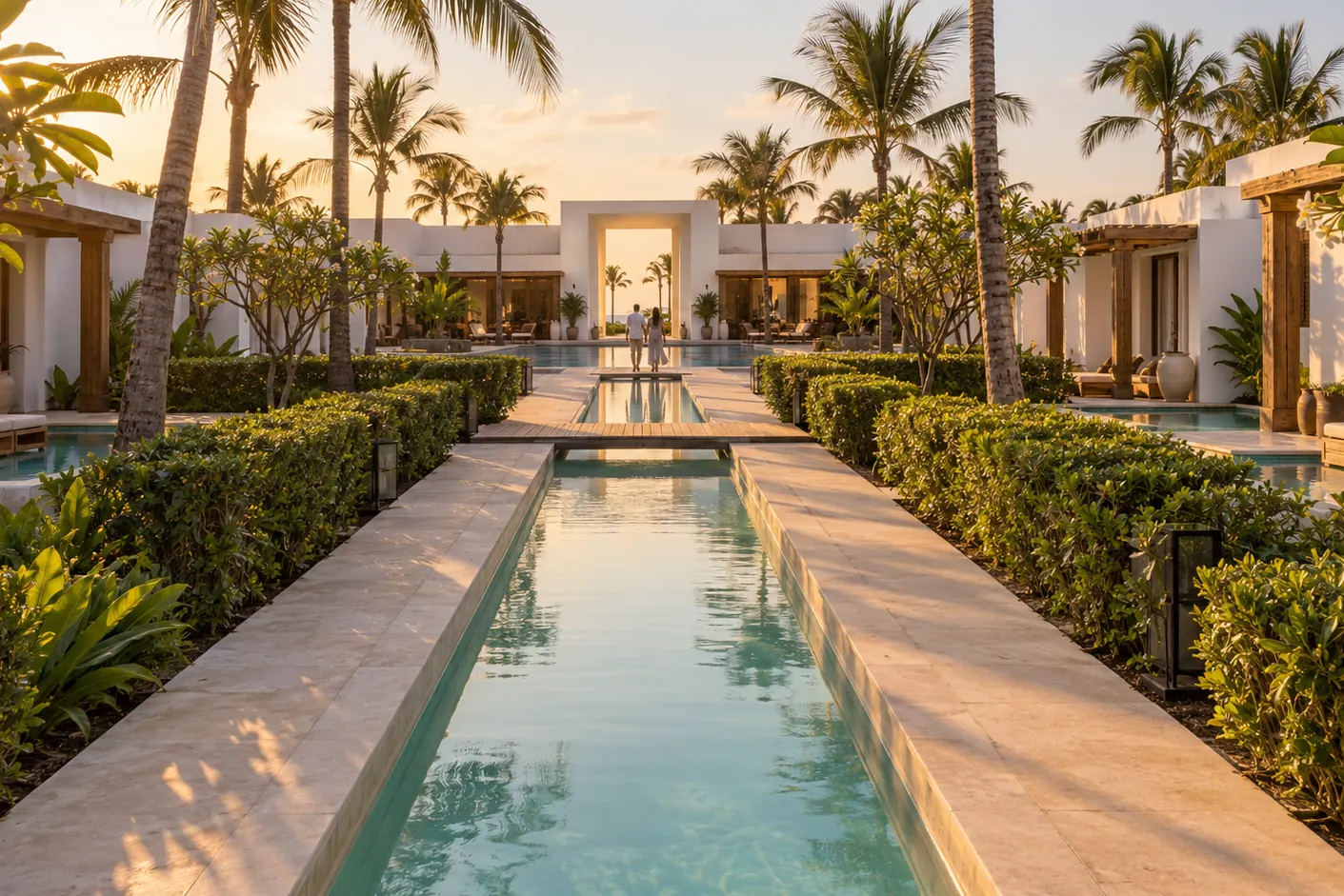 Computer-generated image of the water channel between the hotel pavilions at sunset