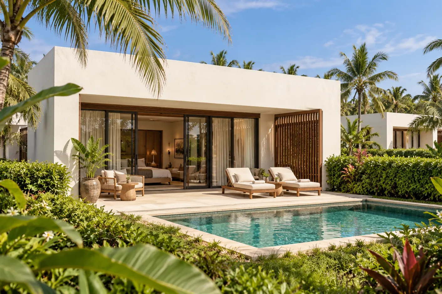 Computer-generated image of a white villa with a terrace and a private pool in a tropical garden
