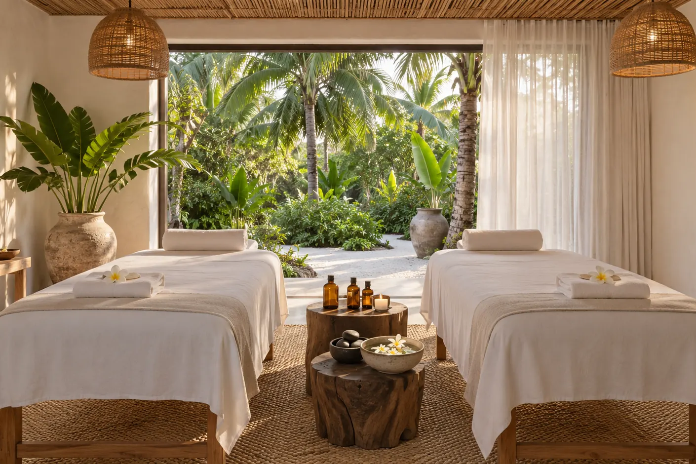Computer-generated image of a treatment room for two opening onto the garden