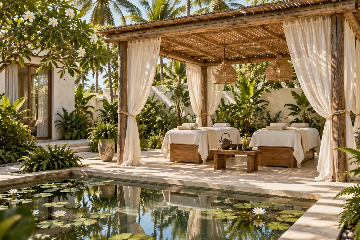 Computer-generated image of a garden massage pavilion with linen curtains beside a lily pond