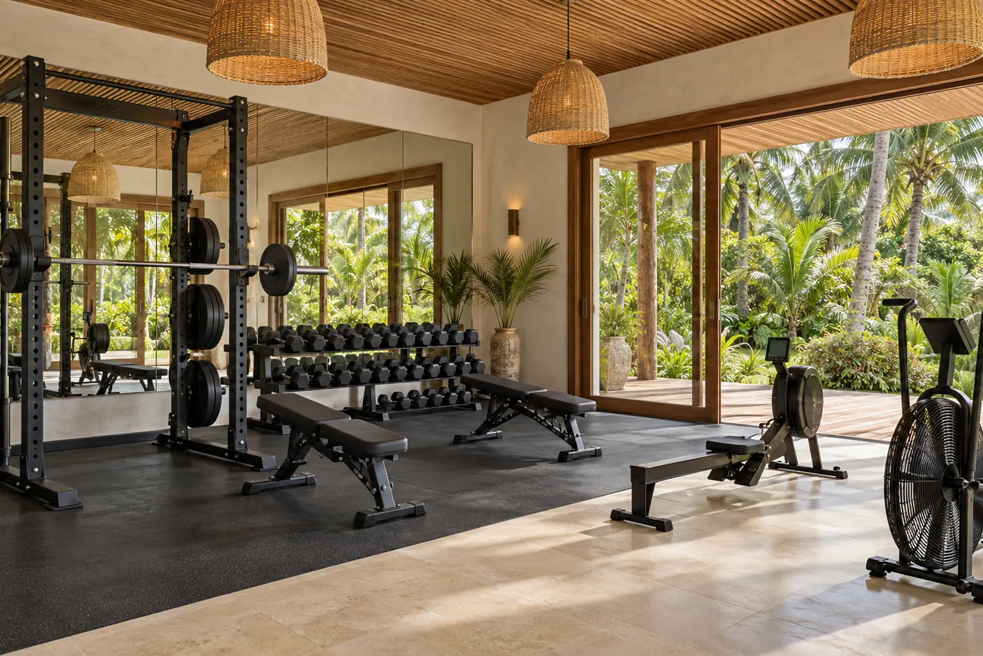 Computer-generated image of the weights area of the gym, opening onto the garden
