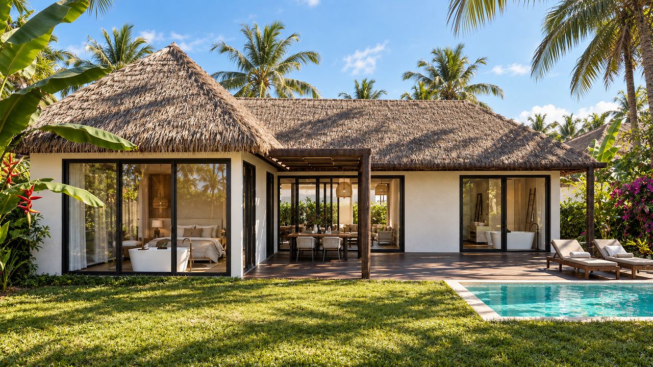 Computer-generated image of a thatched villa with garden and pool in Nungwi, Zanzibar