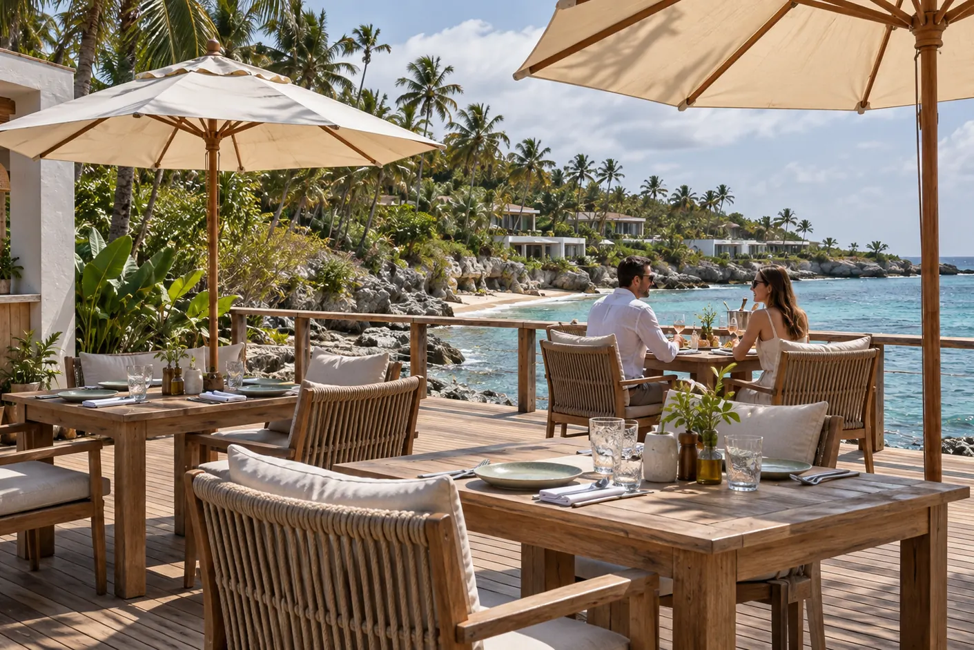 Computer-generated image of a wooden dining deck with parasols above the rocky shore