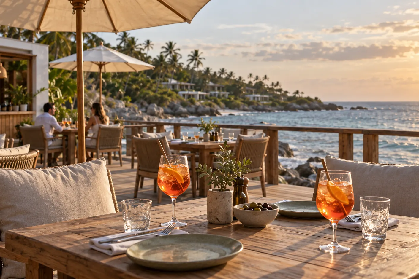 Computer-generated image of an aperitif on the dining deck at sunset