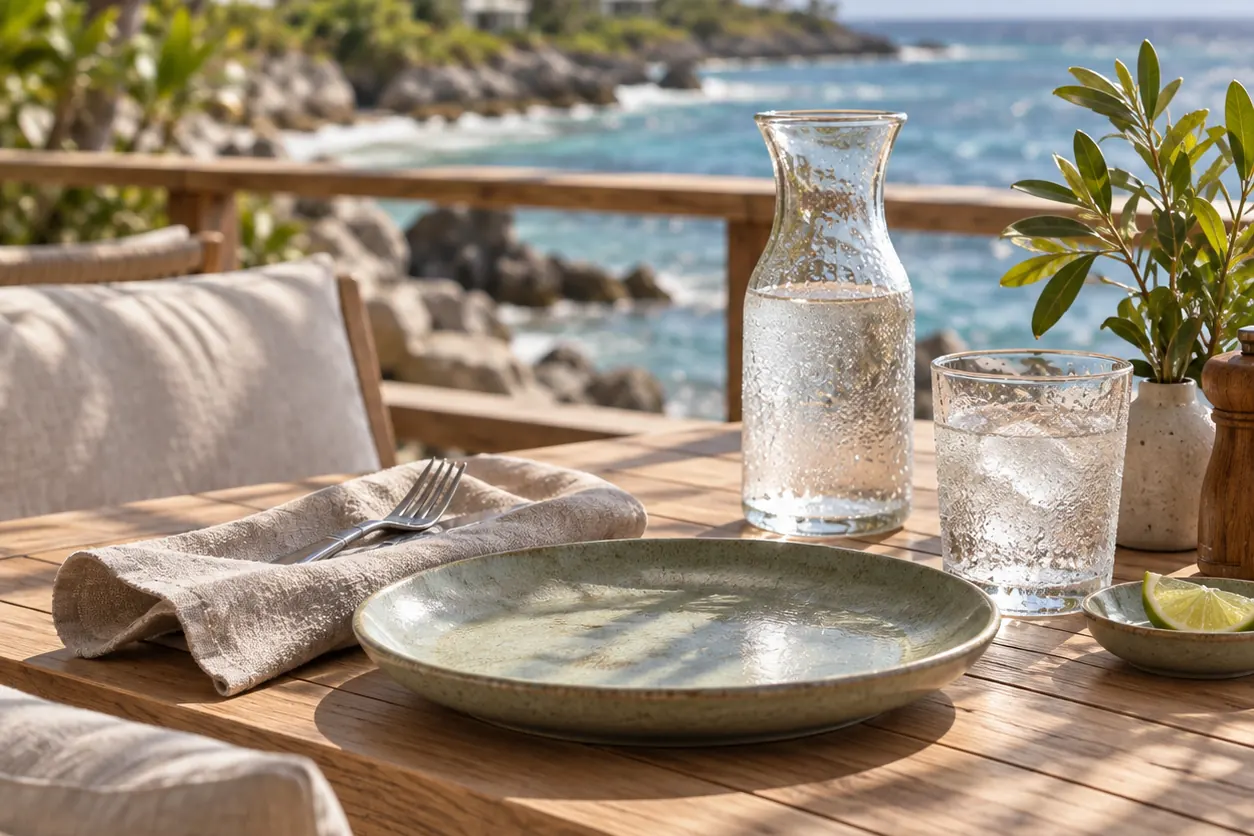 Computer-generated image of a table laid with linen and ceramics on the deck by the sea
