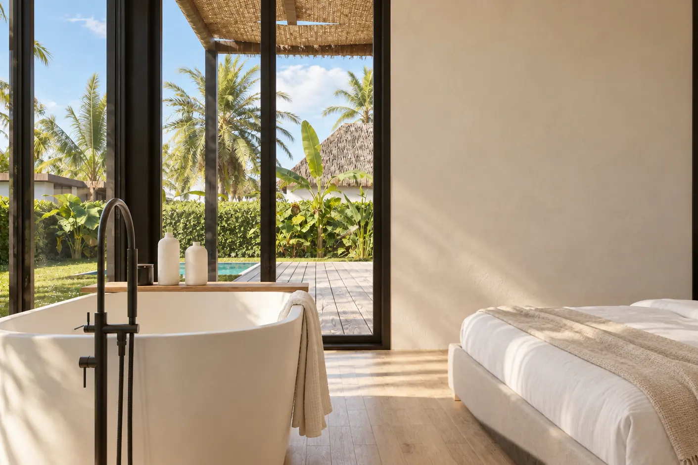 Computer-generated image of a bedroom with a freestanding bathtub by the garden window