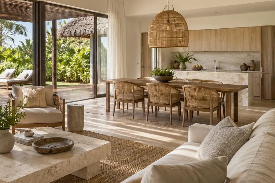 Computer-generated image of the living and dining area with an open kitchen