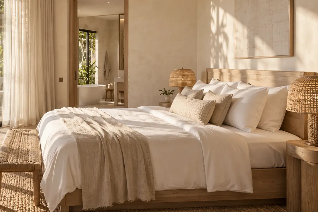Computer-generated image of a bedroom in linen and natural wood