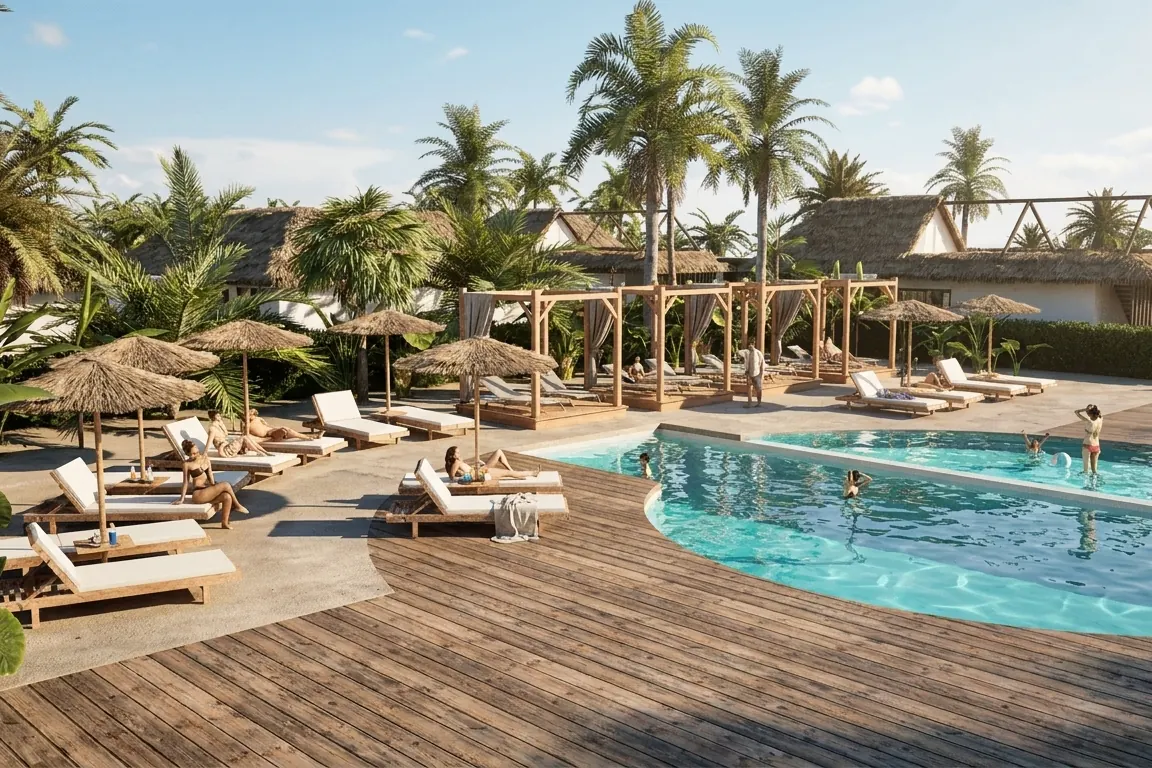 Computer-generated image of a free-form pool with a wooden deck and thatched shades