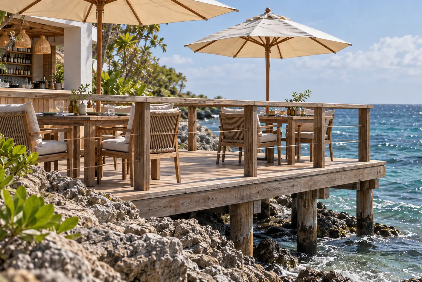 Computer-generated image of a dining deck on piles above the rocks and the sea