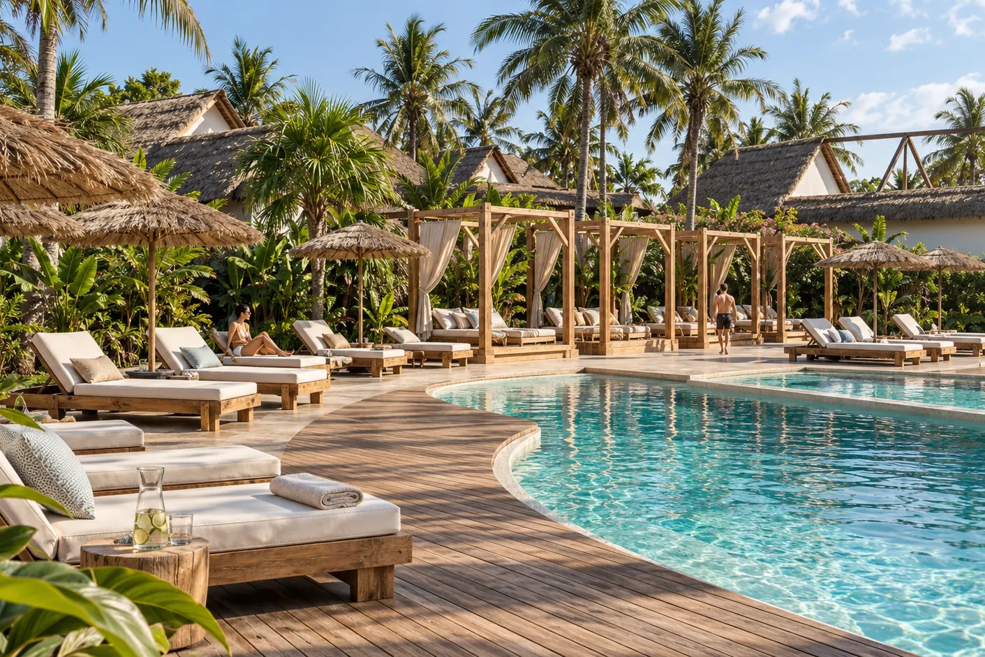 Computer-generated image of a pool among the thatched villas, with cabanas and sun loungers