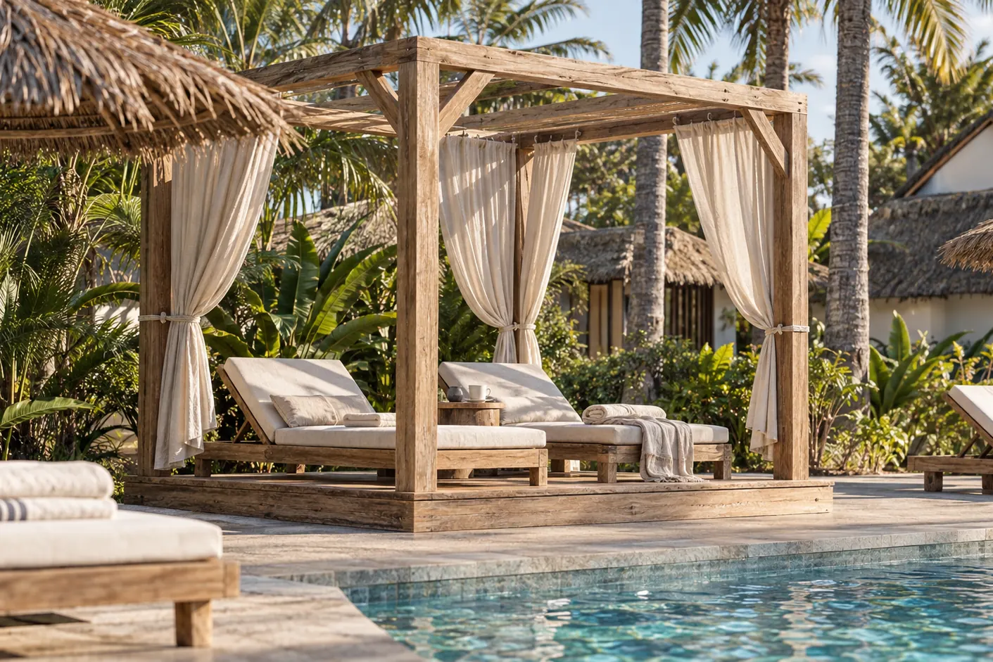 Computer-generated image of a wooden cabana with linen curtains at the edge of the pool