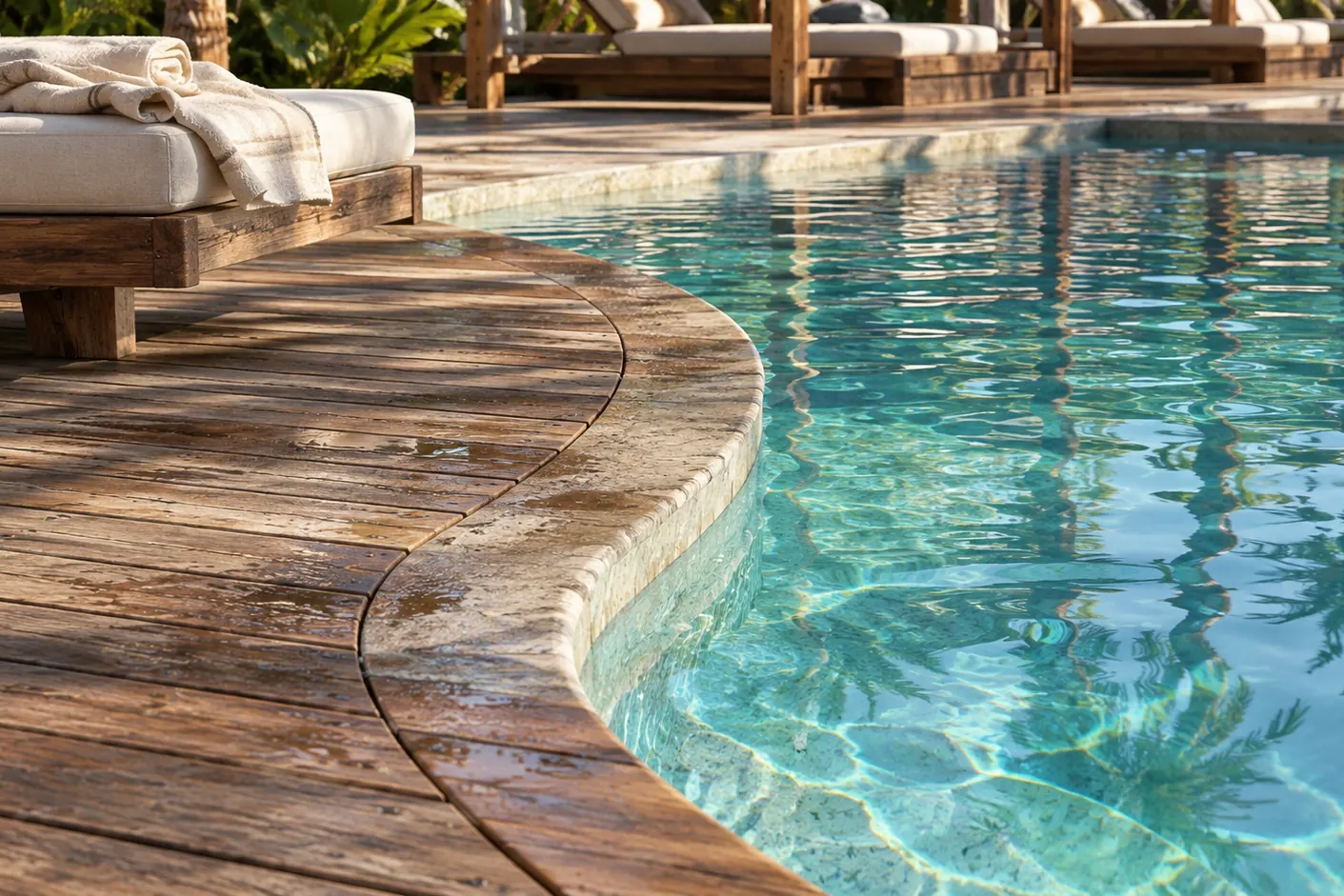 Computer-generated image of the stone pool edge and the wooden deck
