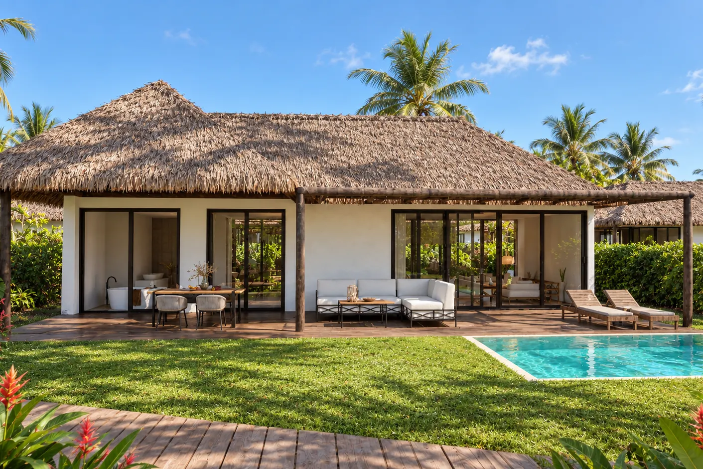 Computer-generated image of a thatched villa with garden and pool