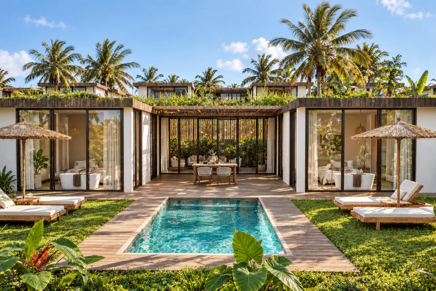 Computer-generated image of a flat-roofed villa around a courtyard with a pool