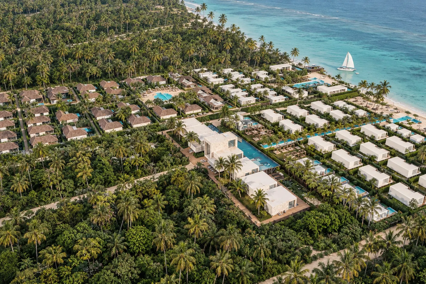 Computer-generated image of the residential compound and the hotel seen from inland, with the beach beyond