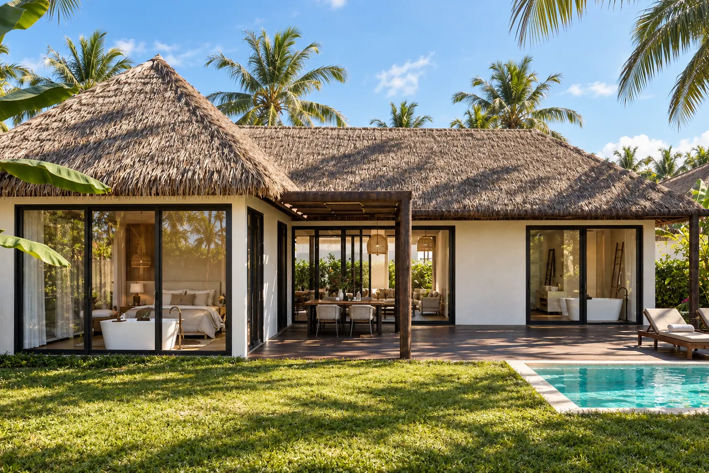 Computer-generated image of a thatched villa with a pergola, a lawn and a private pool