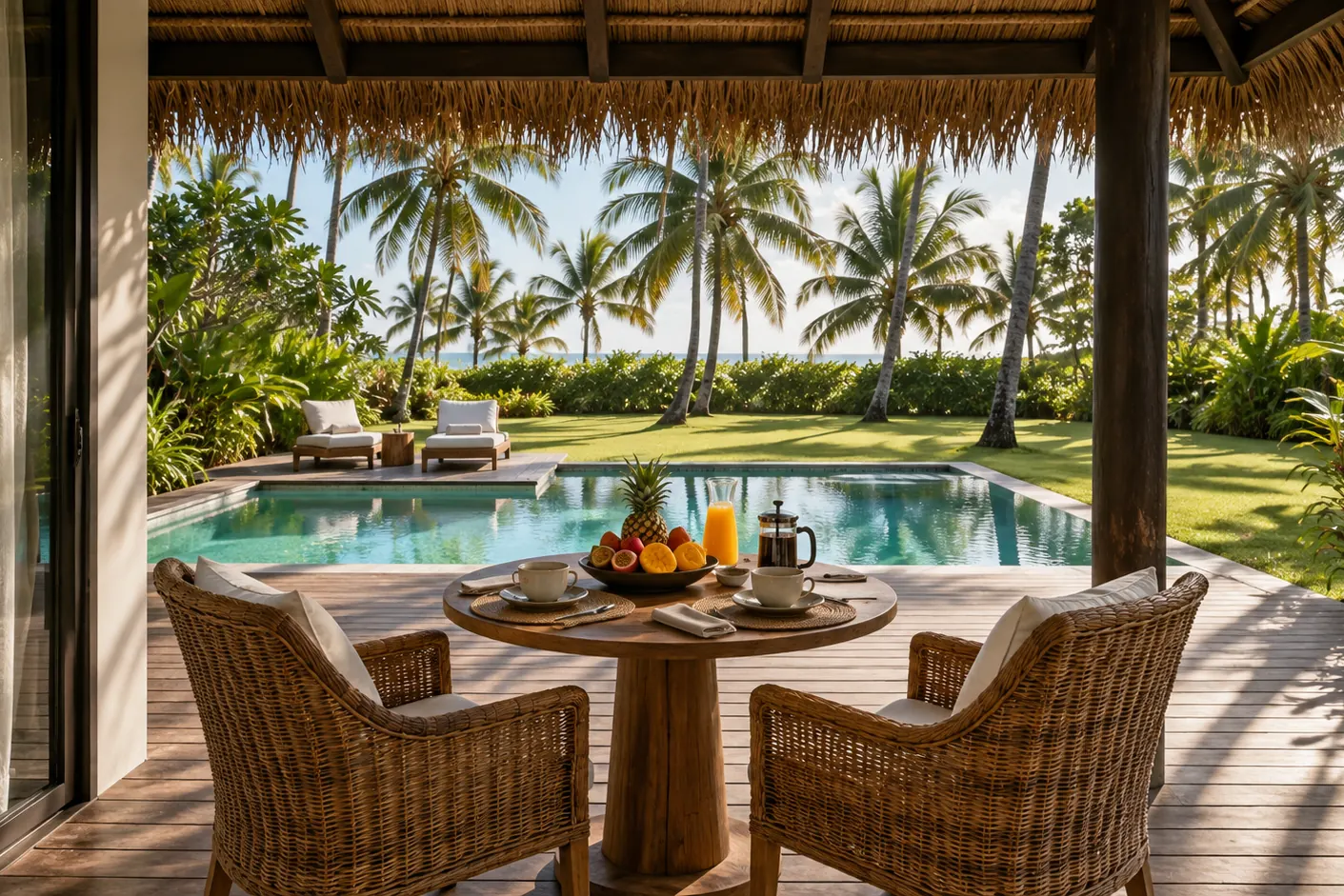 Computer-generated image of breakfast for two under a thatched veranda beside a private pool